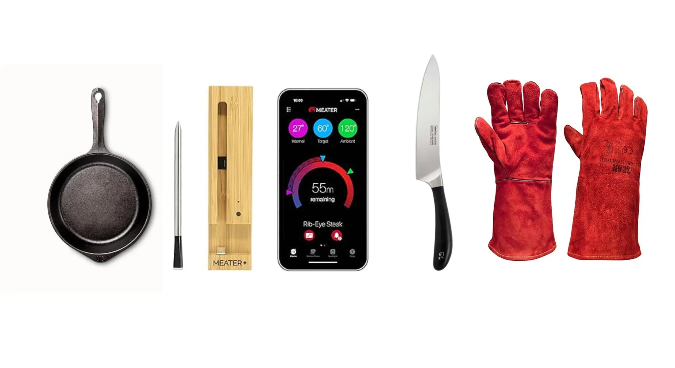 Cast iron frying pan, digital meat thermometer with wooden case, chef's knife with black handle, and red heat-resistant gloves