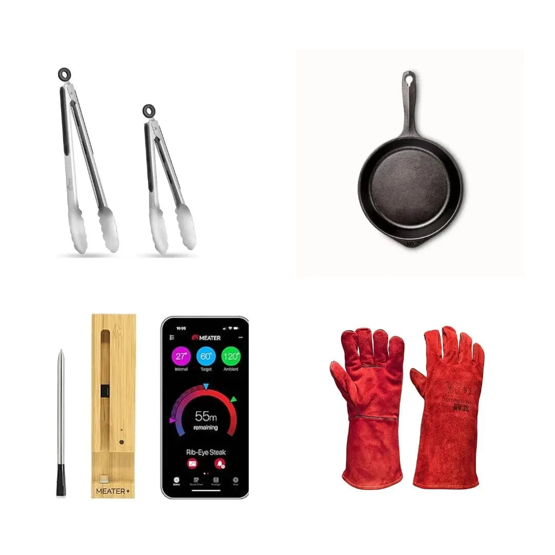 Set of stainless steel tongs, cast iron frying pan, digital meat thermometer with wooden case, and red heat-resistant gloves