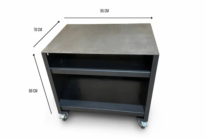 Grande gunmetal worktop unit with two shelves and caster wheels, measuring 95cm by 70cm by 88cm
