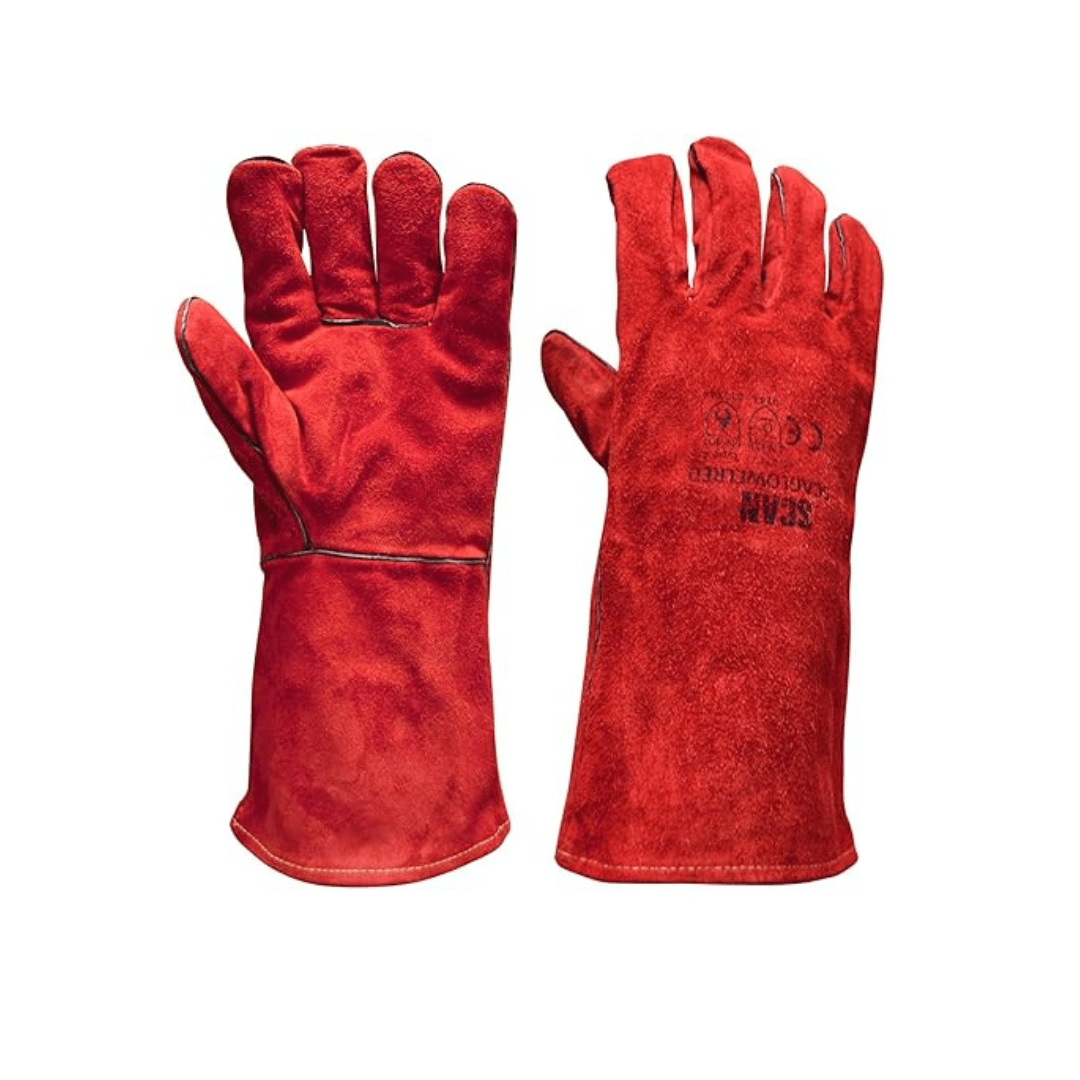 Pair of red leather MIG welding gloves with extended cuffs for hand and wrist protection