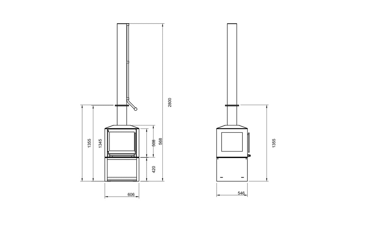 Cor-Ten Outdoor Woodburner dimension drawing, front and side views