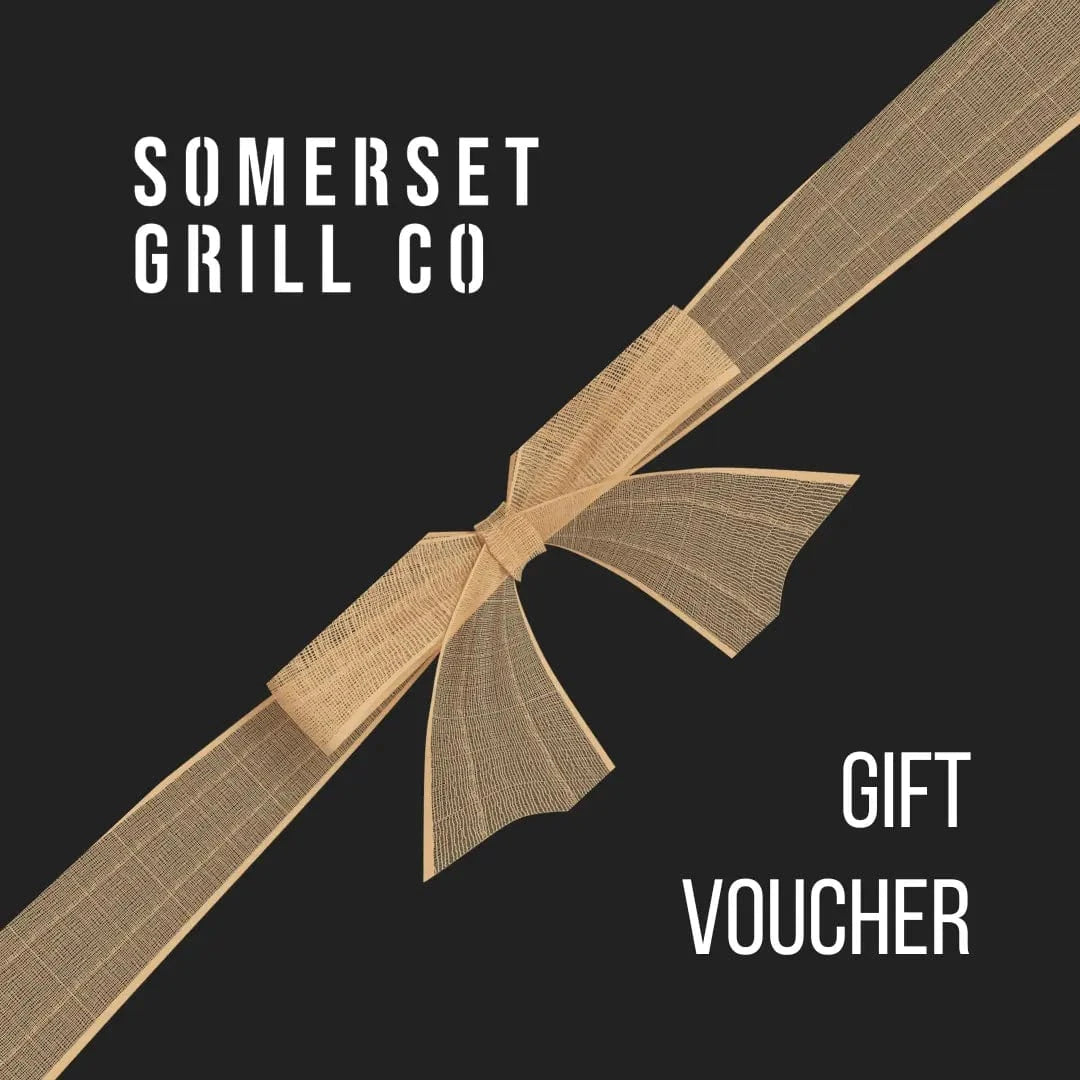 Somerset Grill Co gift voucher with beige textured ribbon on black background