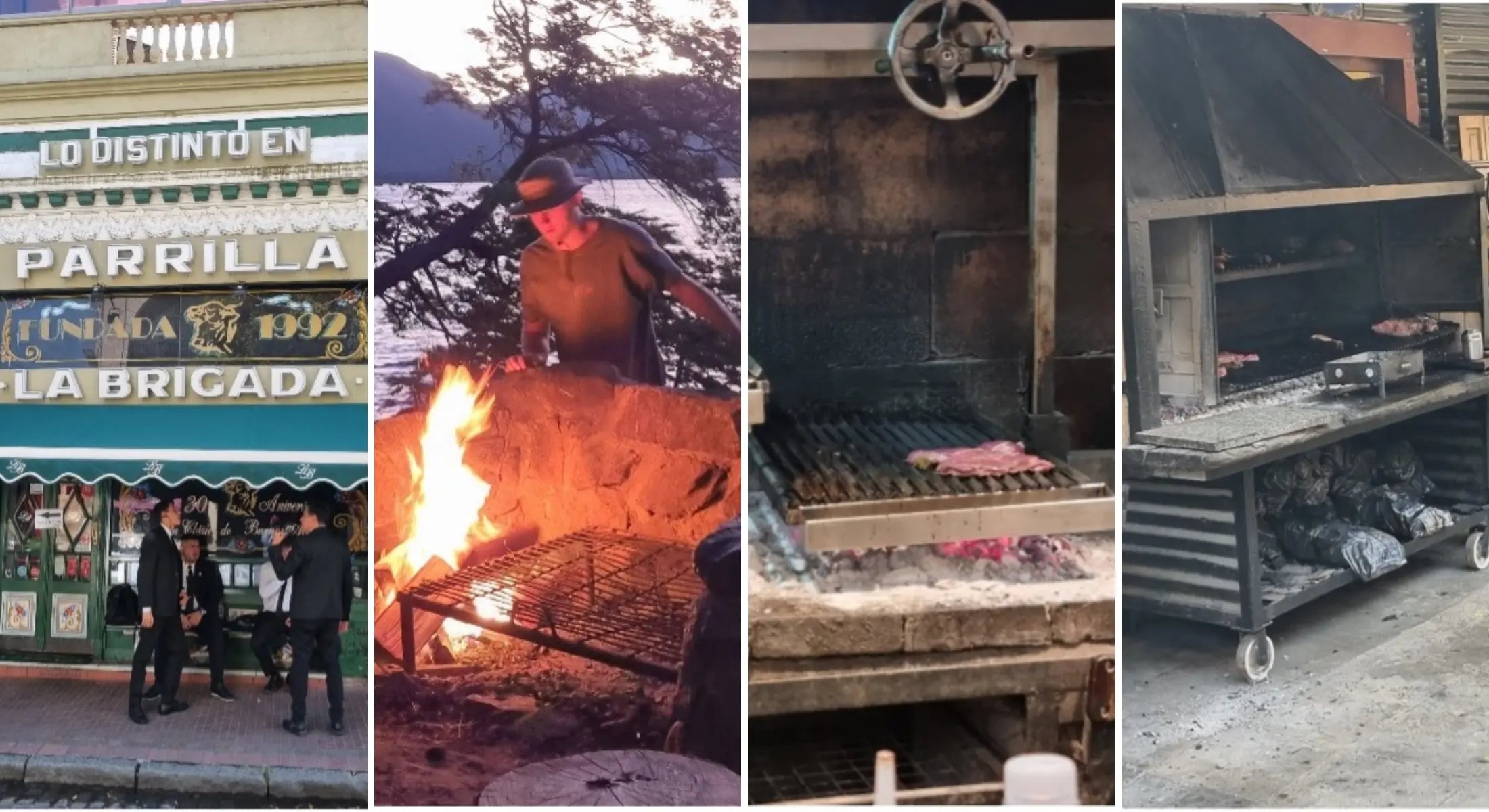 Collage showing Argentine parrilla restaurant exterior, outdoor fire cooking, and meat grilling on traditional charcoal grills