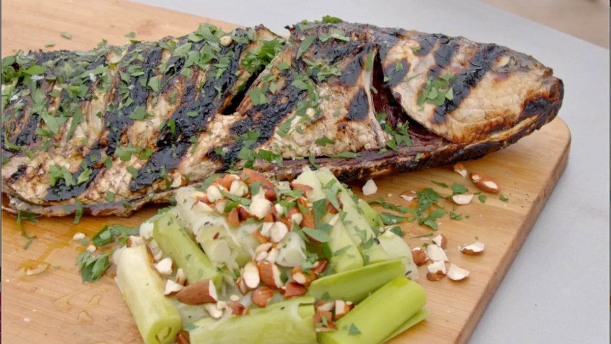 Whole Grilled Grey Mullet with Burnt Leeks & Toasted Almonds