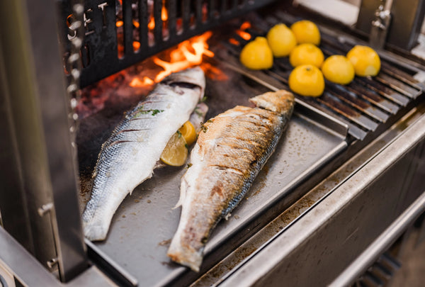 Asado Grill Double Chapa cooking two fish and lemons