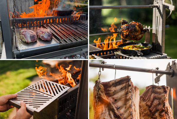 4 images showing the Asado Grill Accessories. Fire and cooking.