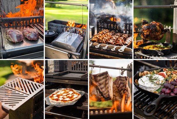 A 3x3 collage of outdoor grilling scenes showing various foods cooked on wood fired grills, including raw meat, roasted chicken, pizza, ribs, and a cheese and fruit platter.