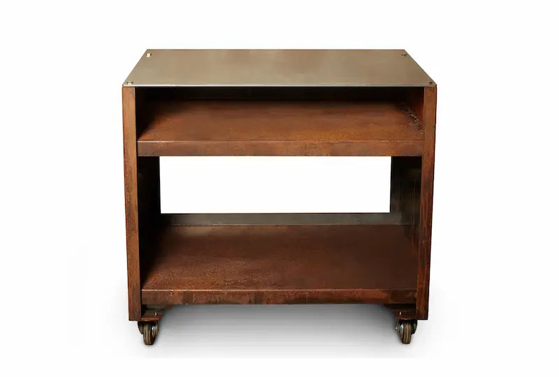 Rustic Cor-Ten steel worktop unit with two shelves and caster wheels