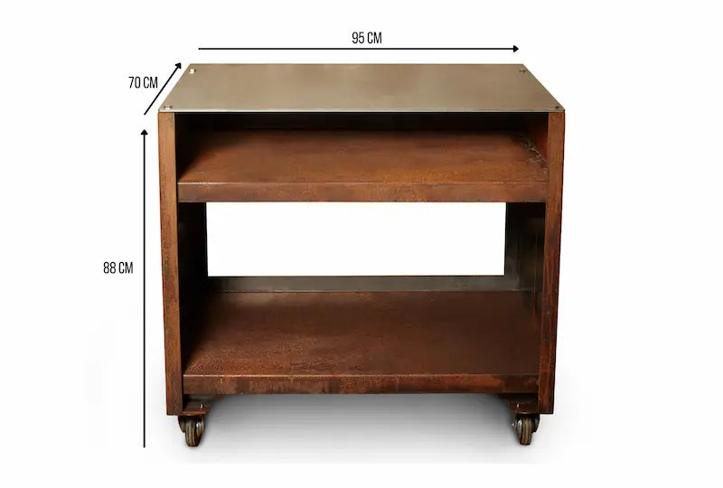 Grande Cor-Ten worktop unit with rust-coloured metal shelves and caster wheels