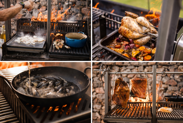 A four-panel collage showing a rustic outdoor Grill setup with various foods cooking over open flames. The scenes include a flat-top grill, a whole chicken roasting on a rotisserie, mussels boiling in a black pan, and large cuts of meat hanging from chains on a hanging grill rack.