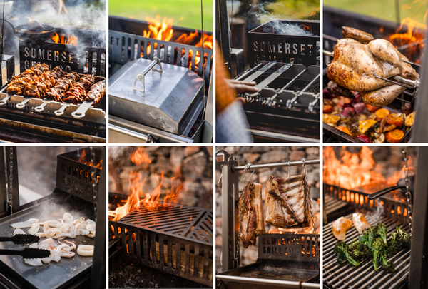 A 3x3 collage of outdoor barbecue scenes showing Somerset Grills in use, with meat skewers, a lid, roasted chicken, hanging ribs, and green veg over open flames.
