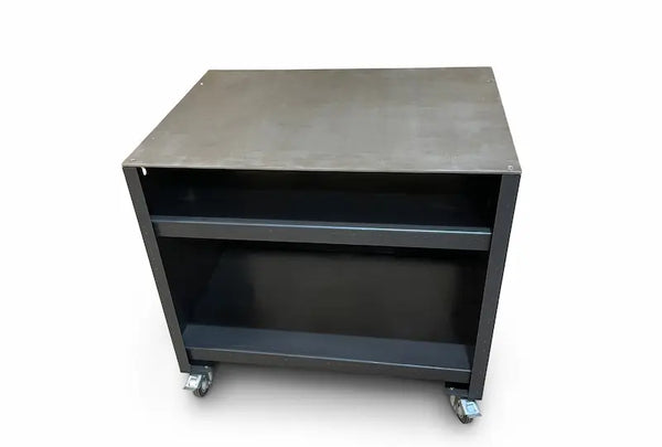 Grande gunmetal worktop unit with metal top, two shelves, and caster wheels