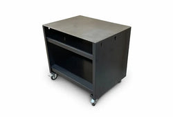 Gunmetal grey metal worktop unit with two shelves and caster wheels for mobility