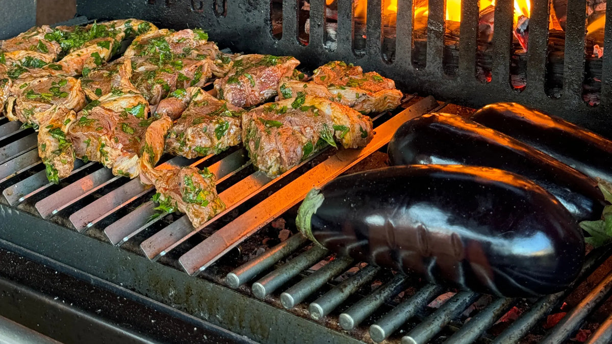 Fire-Grilled Lamb Chops on Baba Ganoush with Burnt Onions