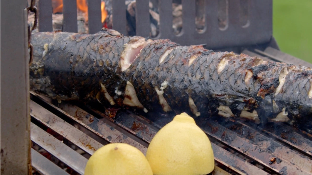 Whole Grilled Grey Mullet with Burnt Leeks & Toasted Almonds